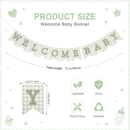 Sage Green Gingham Welcome Baby Shower Banner - Image 2