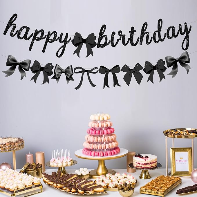 2pcs Glitter Black Bow Party Banner Pre-Strung Happy Birthday Decorations Bow - Image 4