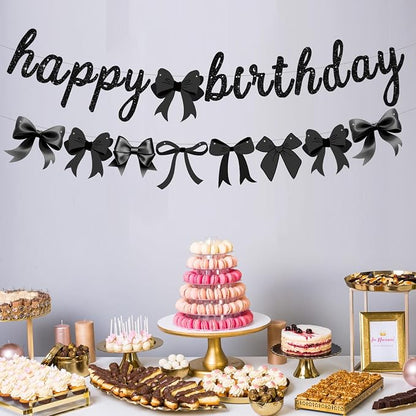 2pcs Glitter Black Bow Party Banner Pre-Strung Happy Birthday Decorations Bow - Image 4