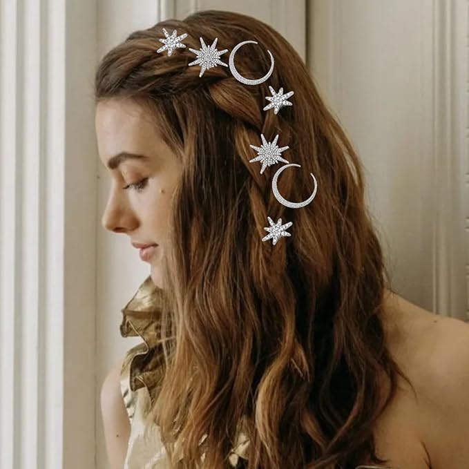 6 Pieces Rhinestone Stars Moon Hair Clips Vintage Star Hairpins Crystal Decorative Bobby Pins Metal Alloy Hair Pins Snowflake Side Clip Hair Accessories for Women Girls (Silver)