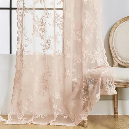 SEEKRIGHT Blush Pink Lace Curtains 63 Inch Length 2 Panels Set Victorian Floral - Image 6