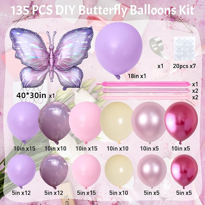 Butterfly Balloon Arch Kit, Metallic Pink Cream Balloons Foil Balloons - Image 2