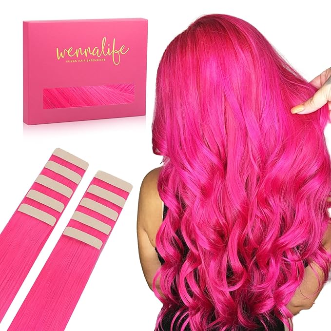 WENNALIFE Tape in Hair Extensions Human Hair Hot Pink Tape in Extensions, 10pcs 20g 10 inch Remy Invisible Tape Ins Straight Colored Soft Real Human Hair Tape in Extensions Refill Set Extensions