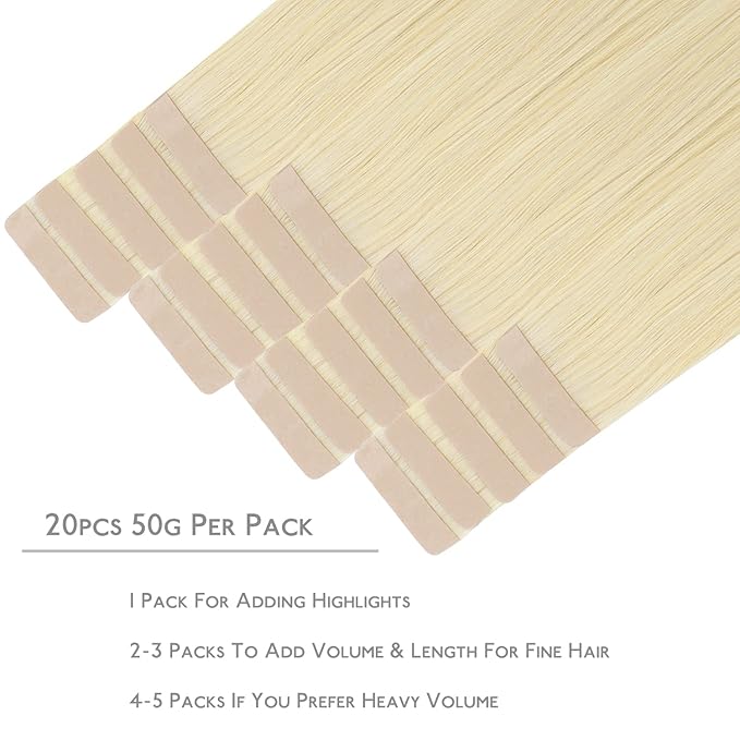WENNALIFE Tape in Hair Extensions Human Hair, 20pcs 50g 14 inch Bleach Blonde Remy Hair Extensions Straight Human Hair Tape in Extensions Skin Weft Tape Extensions Human Hair
