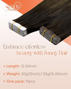 Sunny Hair Tape in Hair Extensions Real Human Hair Invisible Remy Hair Extensions Tape ins for Women Darkest Brown Ombre Medium Brown Balayage 18 inch 25G