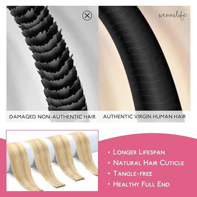 WENNALIFE Tape in Hair Extensions Human Hair Light Blonde Highlighted Golden Blonde Tape in Extensions, 10pcs 25g 18 inch Remy Invisible Tape Ins Straight Soft Real Human Hair Tape in Extensions