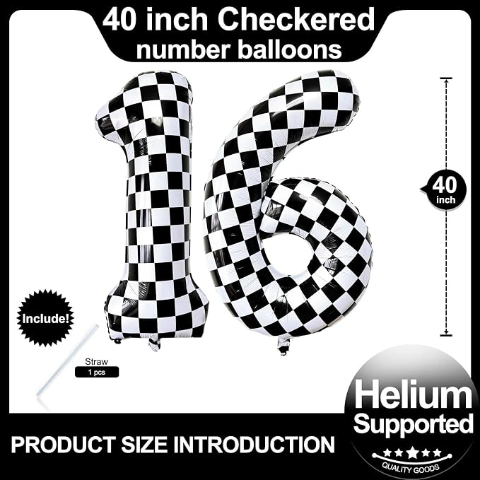 LHOAVWE Number 16 Checkered Balloons 40 Inch Giant Race Car Checkered 16 Number - Image 2