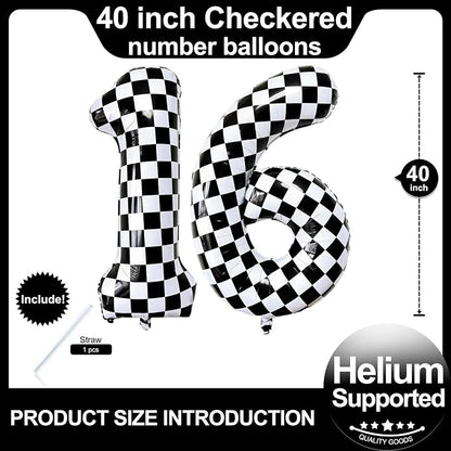 LHOAVWE Number 16 Checkered Balloons 40 Inch Giant Race Car Checkered 16 Number - Image 2
