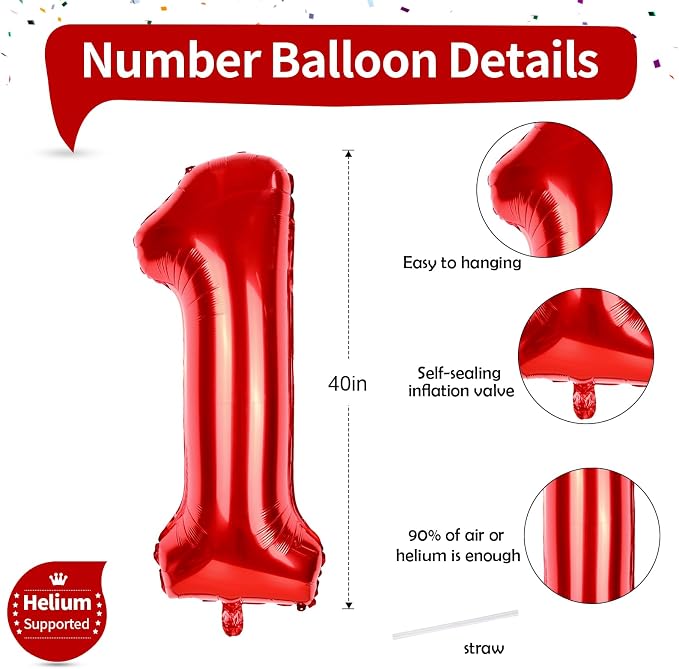 Red 1 Balloon Number for 1st Girls Birthday, 40 Inch Number Foil Balloons 0-9 - Image 2