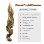Chicmoi Chocolate Brown Ponytail Extainson with Blonde Highlight 32 Inch Flexible Wrap Around Ponytail Hair Extension Long Wavy Pony Tails hair Extension Synthetic Hairpieces For Women and Girls