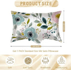 Silk Pillow Case for Hair and Skin Pink and Blue Floral Flowers Standard Size Silk Pillow Case with Zipper Super Soft Pillow Covers for Women Bed Sleeping, 20x26 Inches