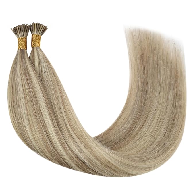 YoungSee I Tip Extensions Highlight Golden Blonde and Blonde Itip Human Hair Extensions Blond Itip Hair Extension Real Human Hair 16 Inch Keratin Tip Hair Extension Easy to Wear 80s 50g for Girls