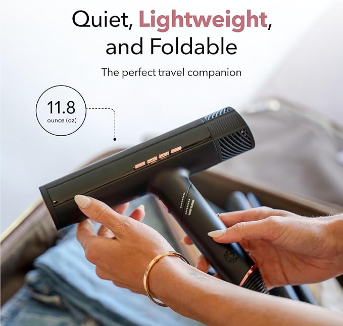 SRILabs DryQ “Smart” Hair Dryer - Super Lightweight, Foldable - Powerful, Quiet Motor - Infrared and Ionic Technology - 3 Magnetic Attachments - Heat Control with Locking Switch