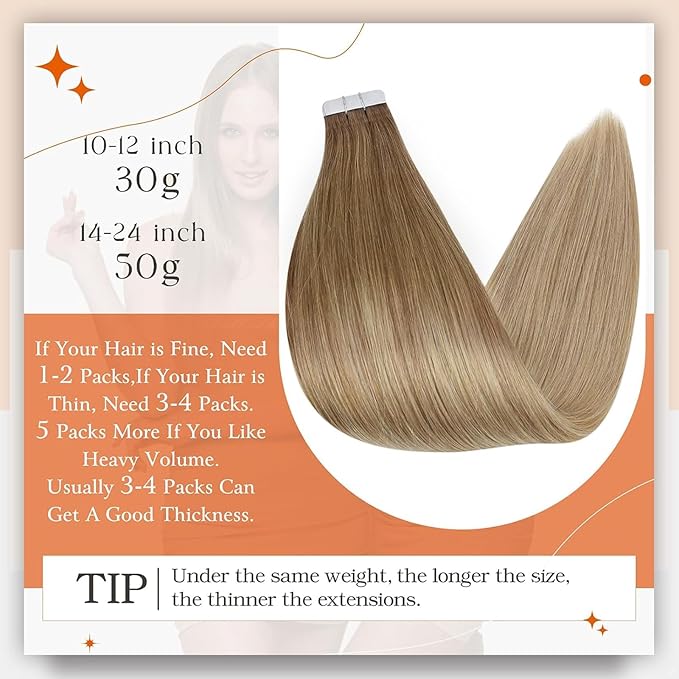 Full Shine Tape in Human Hair Extensions Seamless Tape ins Extensions 14 Inch 10 Golden Brown to 14 Dark Blonde Balayage Hair Extensions Tape in 50 Gram Straight Invisible Tape Hair 20pcs