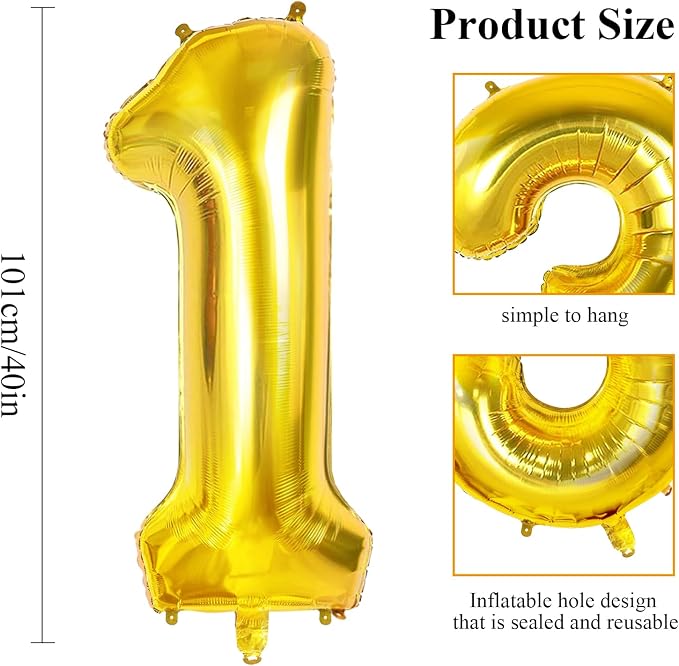 Number 14 Balloons for 14th Birthday Party Decorations, 0-100 Large Gold Foil - Image 2