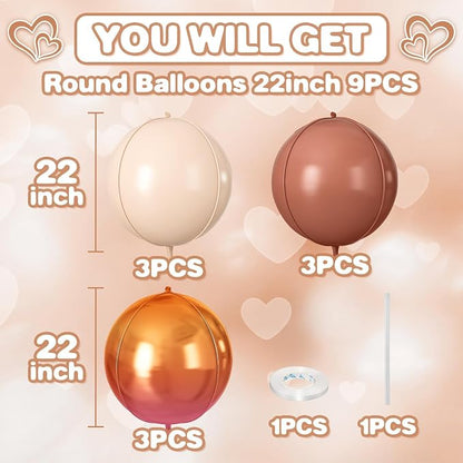 Retro Beige Orange Brown Round Foil Balloons 9 pcs, Giant 4D Round Balloons 22 - Image 2