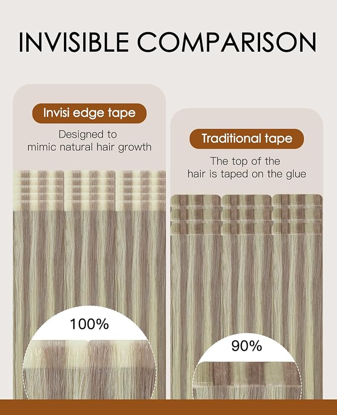 VINBAO Injected Tape in Hair Extensions Ash Blonde Highlights Platinum Blonde Invisi Edge Tape in Extensions Human Hair 45g 20pcs Hand Tied Tape Weft 16inch #18P60