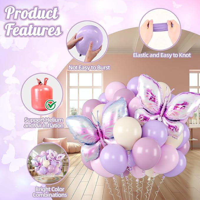 Biapian Pink and Purple Balloons, Giant Butterfly Balloons Foil, 12 Inch Ivory - Image 3
