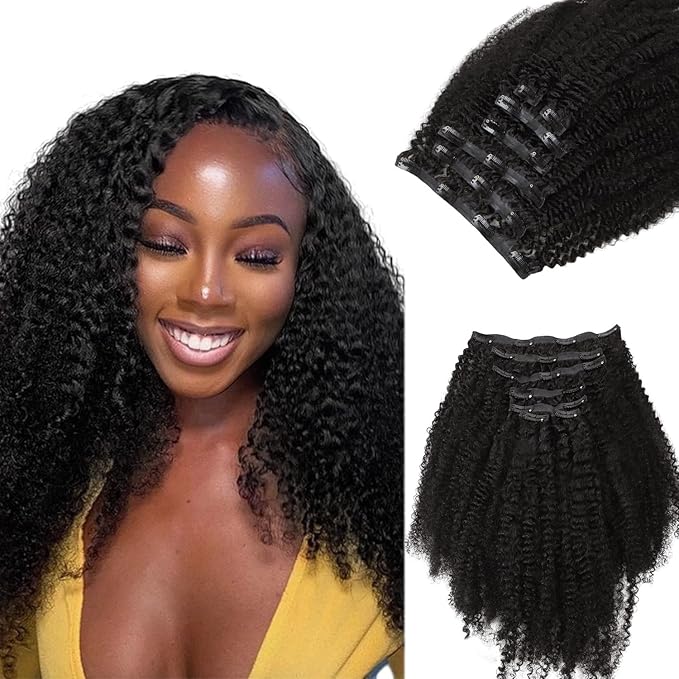 Lashey Seamless Clip in Hair Extensions Human Hair 18 Inch Afro Kinky Curly Clip in Hair Extensions Real Human Hair 110g 7pcs Natural Black Hair Extension Clips for Women