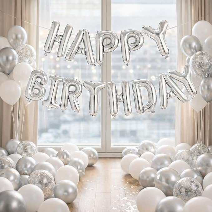 Silver Happy Birthday Balloons Banner, 16 Inch Silver Letters Aluminum Foil - Image 2