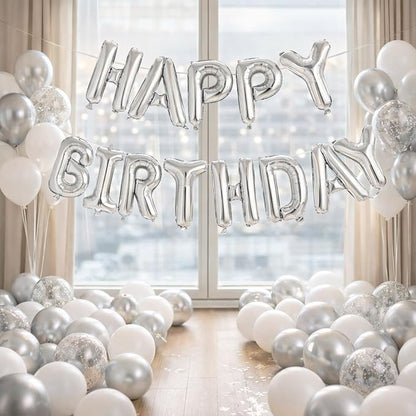 Silver Happy Birthday Balloons Banner, 16 Inch Silver Letters Aluminum Foil - Image 2