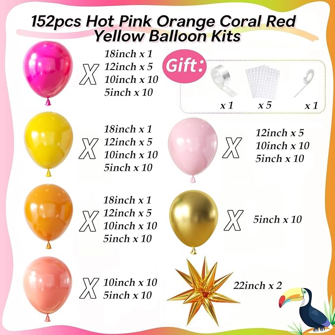 152Pcs Tropical Balloon Arch Garland Kit, Sunset Hot Pink Orange Coral Red - Image 2