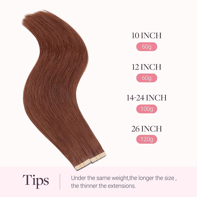 GOO GOO Tape in Hair Extensions Human Hair, #33B Dark Auburn Copper, 22inch 100g 40pcs, Skin Weft Seamless Invisible, Silky Straight with Thick Ends, Remy Human Hair