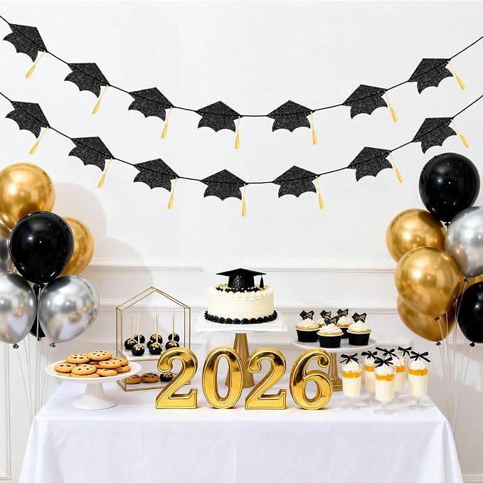 jijAcraft Black Graduation Cap Banner, Double-Sided Glitter Grad Garland - Image 7