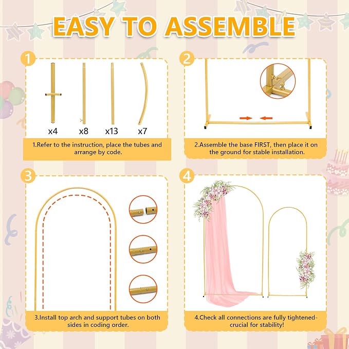 Toodour Arch Backdrop Stand 7.2FT, 6FT Set of 2 Gold Metal Wedding Balloon Arch - Image 3