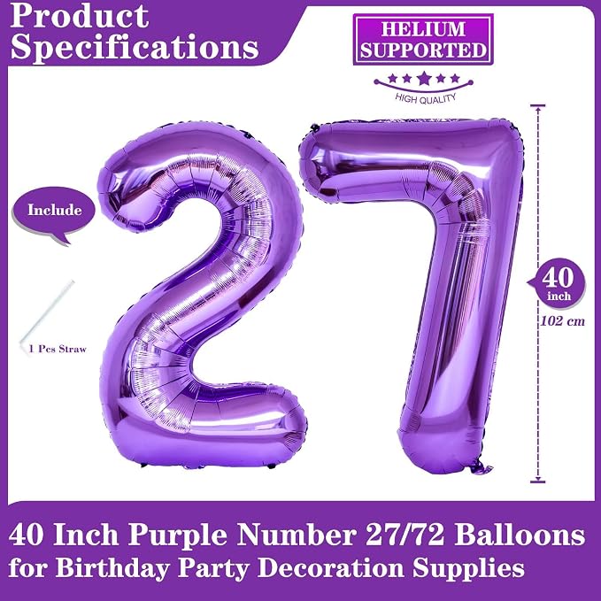 Purple 27 Number Balloons, 40 Inch Giant Number 27 Balloons Foil Mylar Helium - Image 2