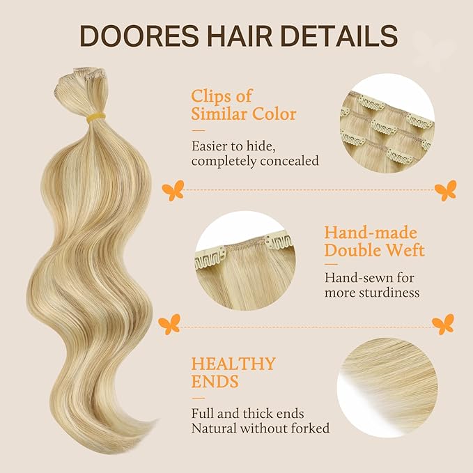 DOORES Human Hair Extensions Clip in, Dirty Blonde Highlight Golden Blonde 120g 7pcs 22 Inch, Clip in Hair Extensions Real Natural Thick Silky Hair