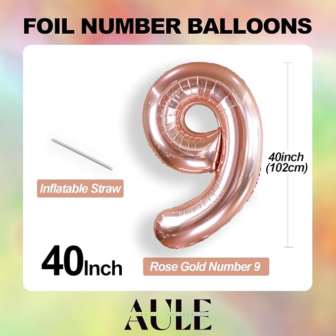 AULE 40 Inch Rose Gold 9 Balloon Number Foil 0-9 Birthday Big Numbers | - Image 3