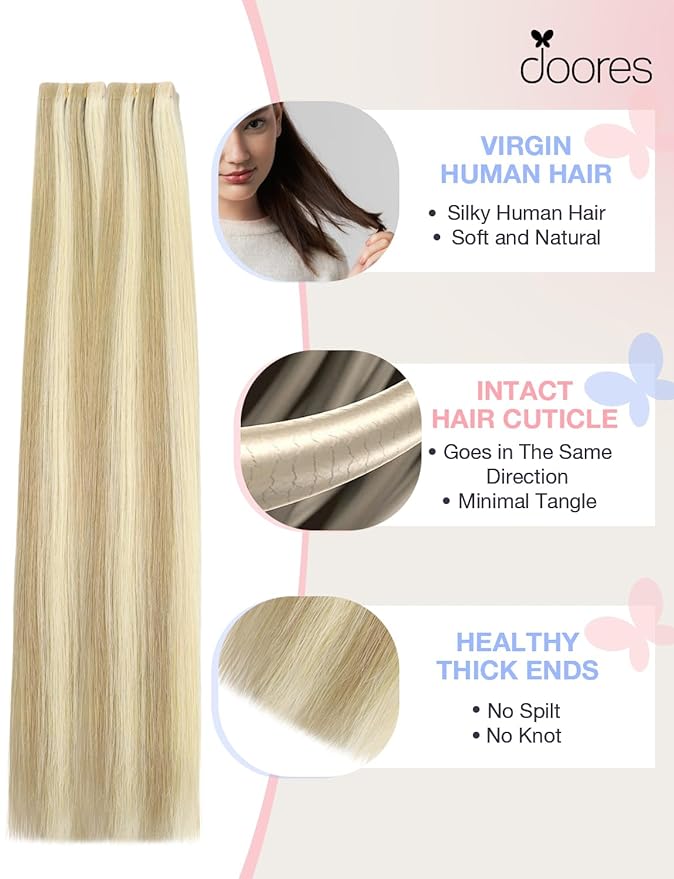 DOORES Invisi Edge Tape in Hair Extensions Real Human Hair, Light Blonde Highlighted Golden Blonde 10 Injection Tape-ins with 10 Injection Tape-ins 50g 22 Inch, Injected Tape in
