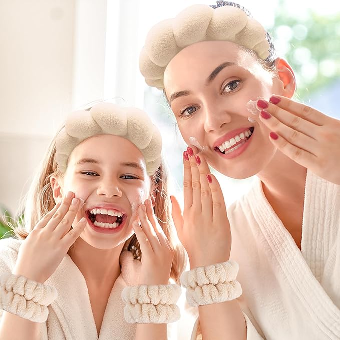Zkptops Spa Headband for Women Sponge Makeup Skincare Headband Washing Face Wristband Set Terry Cloth Bubble Soft Get Ready Hairband Puffy Padded Headwear Non Slip Thick Hair Accessory(Beige)