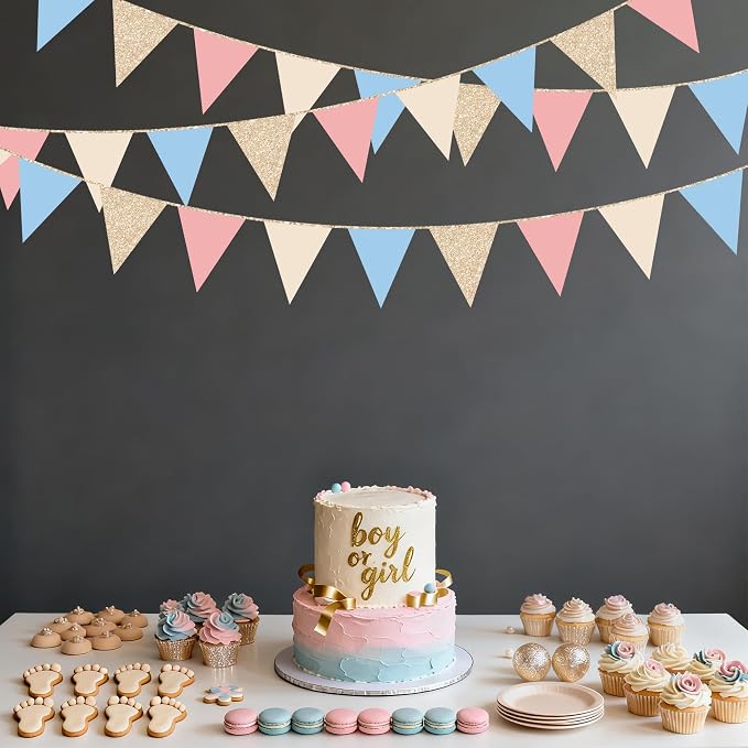 Dusty Rose Pink and Blue Beige Champagne Gold Party Decorations Pennant Banner - Image 6