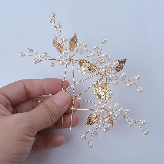 Hair Accessories, 3pcs Gold Hair Pins for Women's Wedding, Bridesmaid, Flower Girl (Gold)