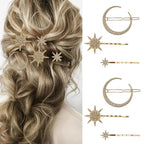 6 Pieces Rhinestone Stars Moon Hair Clips Vintage Star Hairpins Crystal Decorative Bobby Pins Metal Alloy Hair Pins Snowflake Side Clip Hair Accessories for Women Girls (Gold)