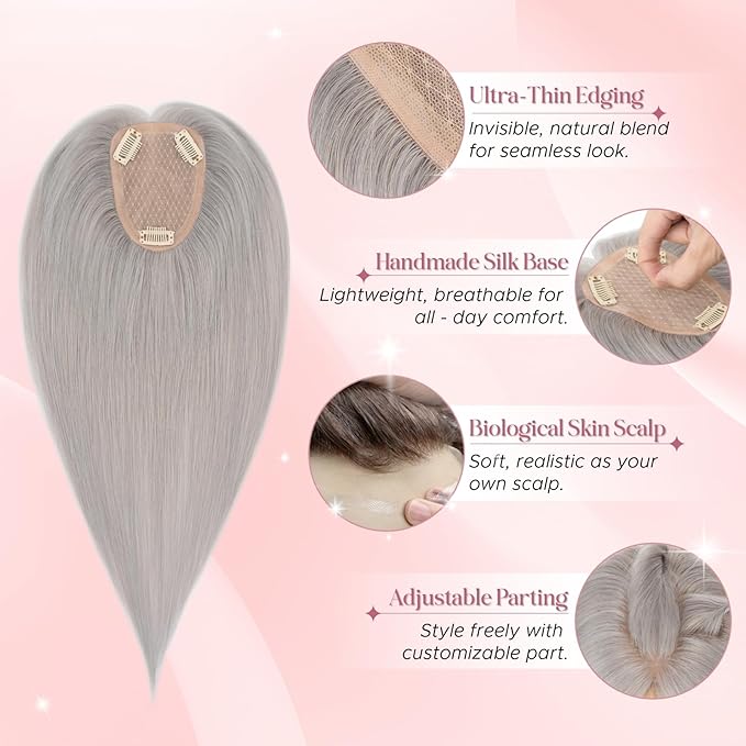 Real Human Hair Toppers for Women 3.54"*4.72" Silky Base 150% Density No Bangs Adjustable Parting Clip-In Topper Hairpieces for Women with Thinning Hair 12 Inches Silver Grey