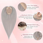 Real Human Hair Toppers for Women 3.54"*4.72" Silky Base 150% Density No Bangs Adjustable Parting Clip-In Topper Hairpieces for Women with Thinning Hair 14 Inches Silver Grey