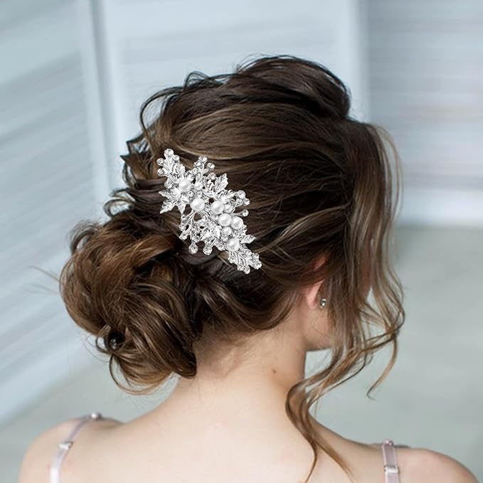 4PCS Rhinestone Pearl Hair Clips, Wedding Bridal Leaf Hair Barrette, Sparkly Glitter Hair Pins Accessories for Women and Girls