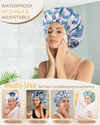 Large Shower Caps for Women Reusable Waterproof Satin Lined Shower Cap with Adjustable Band Double Layer Design Luxury Washable Bath Hair Bonnet (Pink Palm)