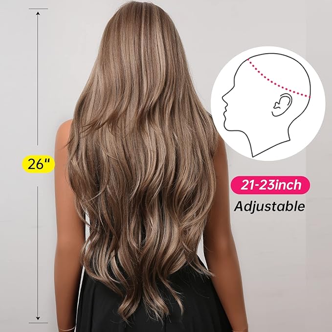 EMMOR Long Curly Light Brown Wigs with Bangs for Women, Heat Resistant Synthetic Wavy Wigs for Daily/Party/Cosplay