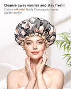 mikimini Medium Shower cap for Women and Girls,Champagne Shower Caps with Lace, Pack of 2,Double Layer Waterproof, Reusable, Washable, High-quality