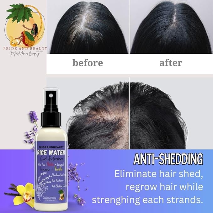 Rice Water Hair Growth Spray – 4oz Fermented Treatment with Biotin & Caffeine – Lavender Vanilla Hair & Scalp Mist for Men & Women – Vegan, Non-Greasy, Thicker Hair Support
