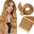 Tape in Hair Extensions Human Hair Caramel Blonde Hair Extensions 18 Inch 20pcs Remy Straight Human Hair Tape in Extensions Skin Weft Tape Extensions Human Hair