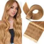 Tape in Hair Extensions Human Hair Caramel Blonde 22 Inch 20Pcs Tape Ins for Women Straight Invisible Seamless Remy