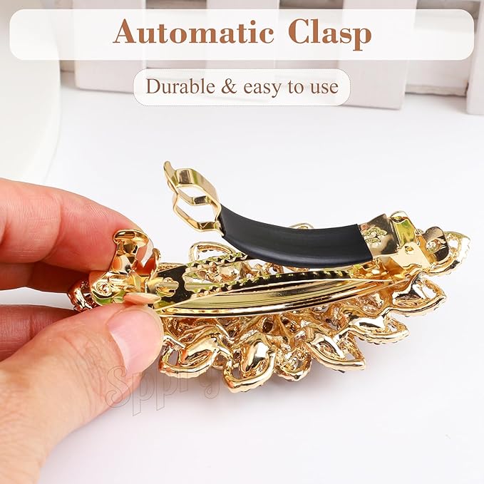 Luxury Gold-plated Rhinestone Hair Barrette for Women, Large Flower Jewelry Design (Colorful)
