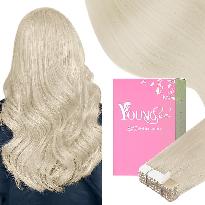 YoungSee Human Hair Tape in Extensions Platinum Blonde Tape in Hair Extensions Human Hair Platinum Blonde Invisible Tapes in Hair Extension 20pcs 16 Inch for Adding Hair Length 50g
