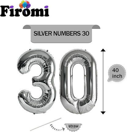 FIROMI 30 Number Balloons Silver Big Foil Mylar 30 Balloon Numbers 40inch | - Image 2