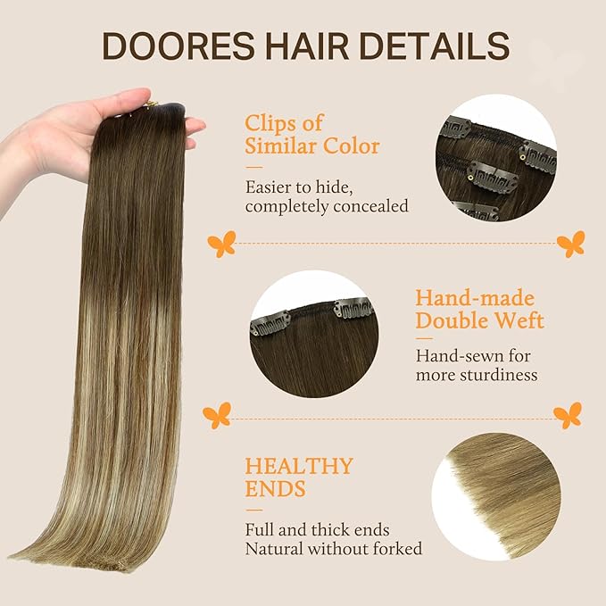 Hair Extensions Real Human Hair, DOORES Balayage Walnut Brown to Ash Brown and Bleach Blonde 120g 7pcs 18 Inch Remy Hair Extensions Clip in Human Hair Extensions Real Natural Straight